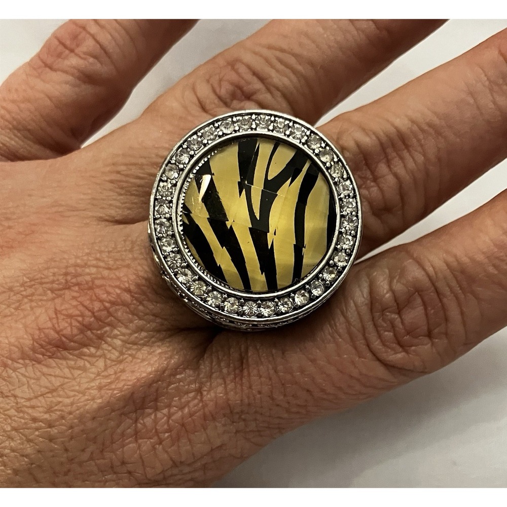 Tiger Ring Yellow Black Zebra Animal Print Cabochon Crystal Rhinestone Accents